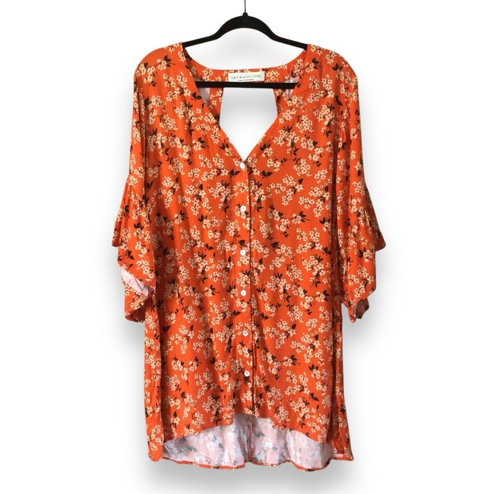 Saltwater Luxe Orange Floral Tunic Dress Back Cutout NWT Size Medium